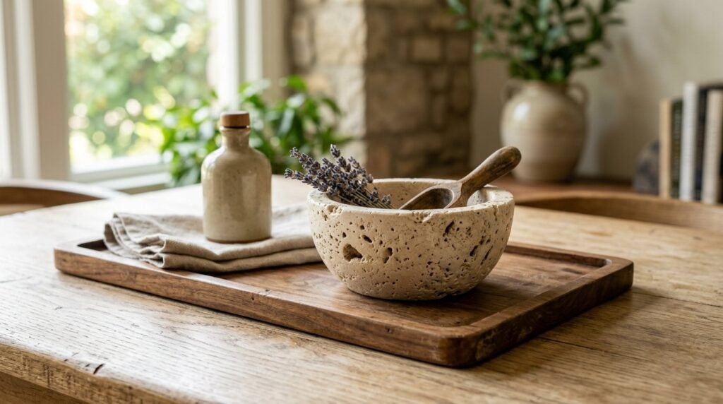 A beautiful natural travertine stone bowl resting on a clean wooden surface.