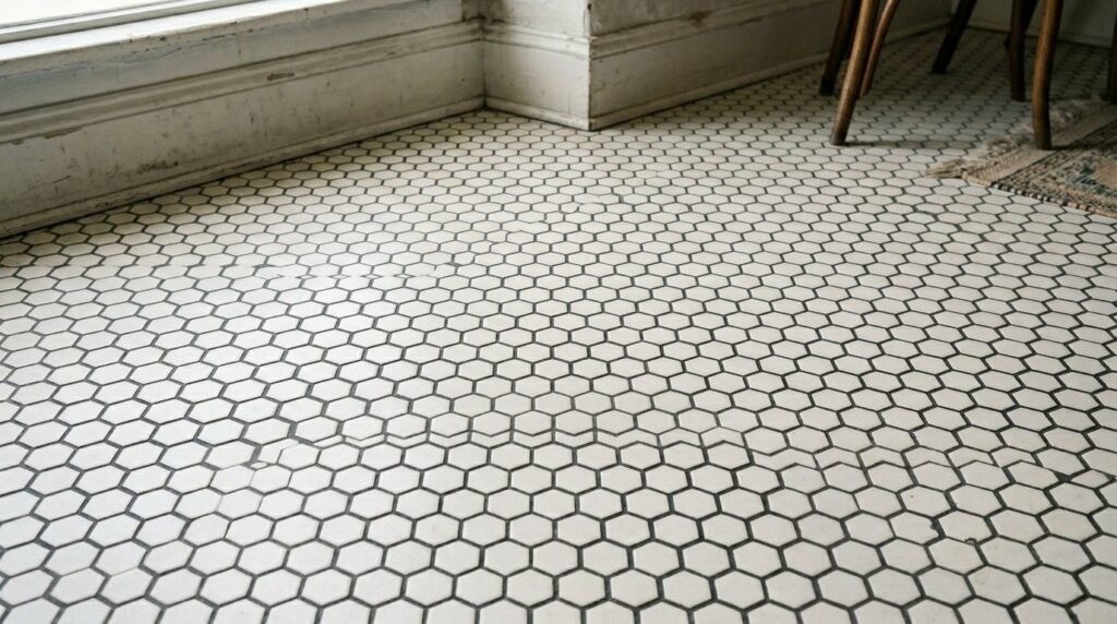 Close up of elegant white hexagon wall tiles in a modern interior setting