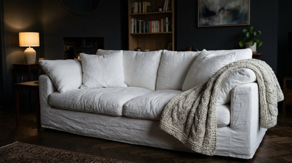 A sleek white sofa centered in a bright and minimalist modern living room interior design.