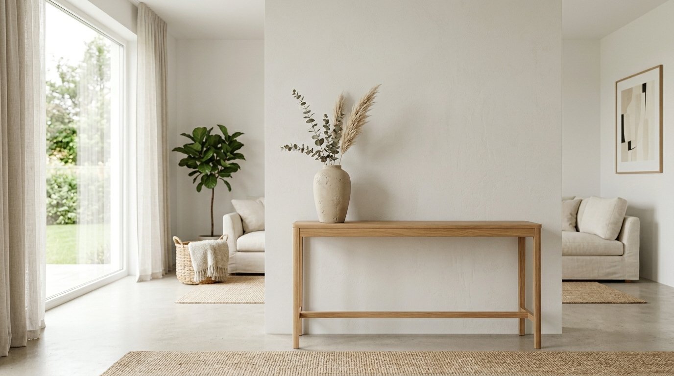 Modern wooden console table against a white wall with a decorative vase and foliage in a bright, airy living room.