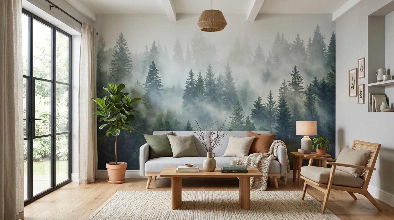 Modern living room with a foggy evergreen wallpaper mural, neutral gray sofa, and light wood furniture.