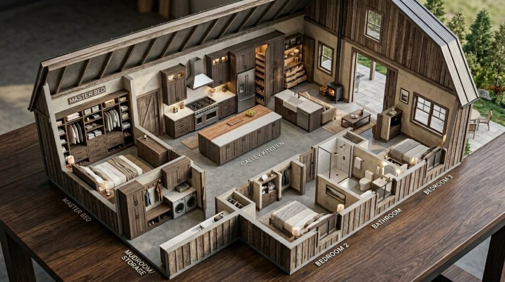 A detailed 3D architectural floor plan visualization showing a modern residential layout.