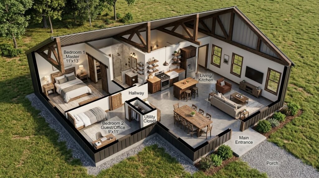 A detailed 3D floor plan visualization showing a modern apartment layout with furniture and textures.