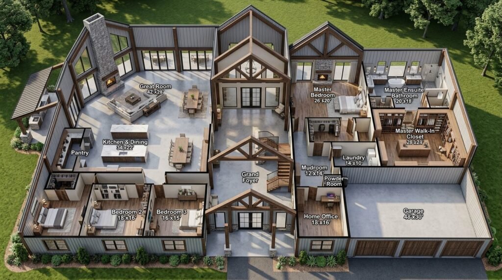A high-quality 3D floor plan layout showing modern interior room dimensions and furniture placement.