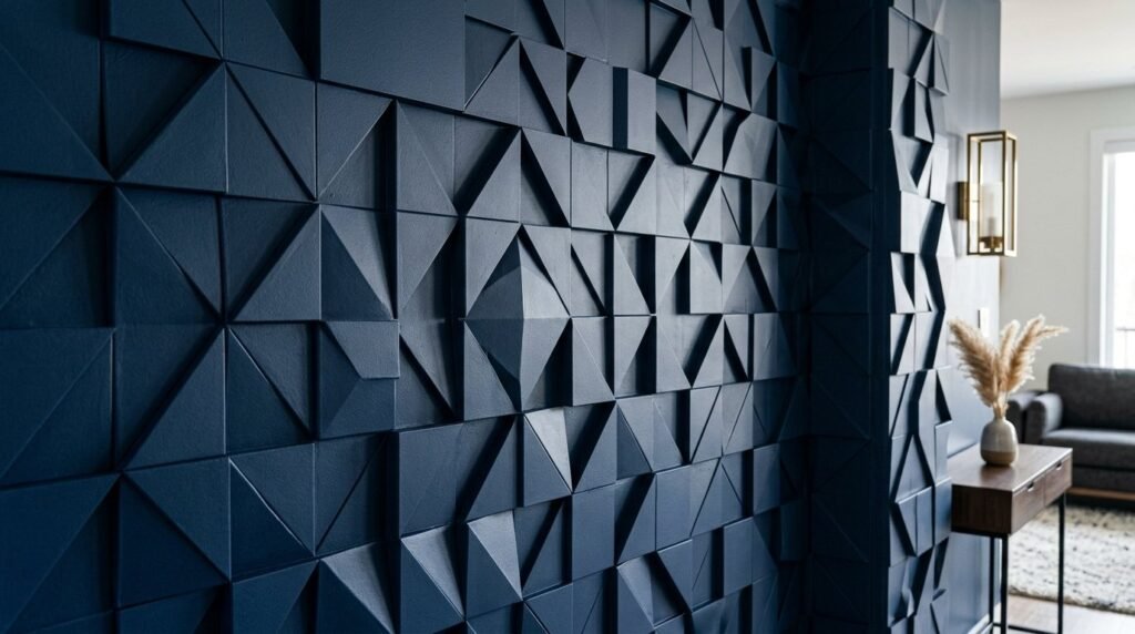 A close-up view of a modern 3D textured accent wall with elegant geometric patterns and soft ambient lighting.