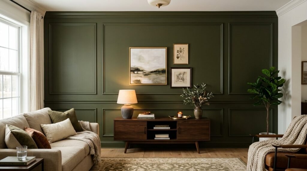 A stylish modern room featuring a professionally designed accent wall with clean lines and aesthetic decor.