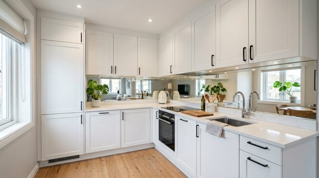 A bright and stylish modern apartment kitchen with clean lines and high-end finishes.