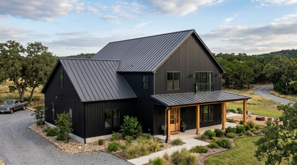 A sleek, modern barndominium featuring contemporary metal siding and large windows against a clear sky.