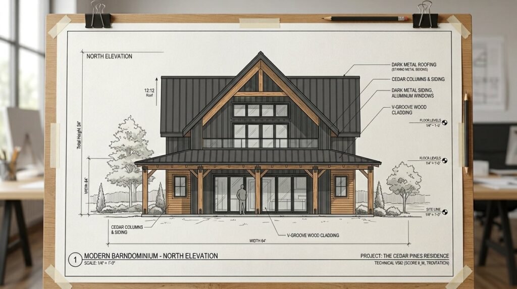 A sleek modern barndominium featuring a custom exterior elevation design and architectural metal siding.