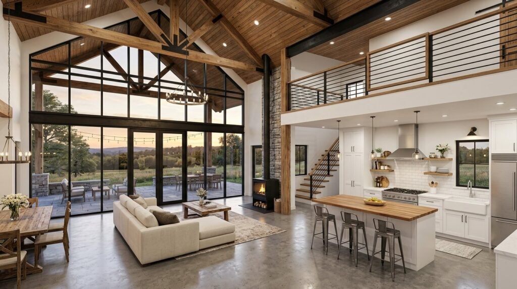 A architectural render of a modern barndominium floor plan featuring floor-to-ceiling glass wall designs.