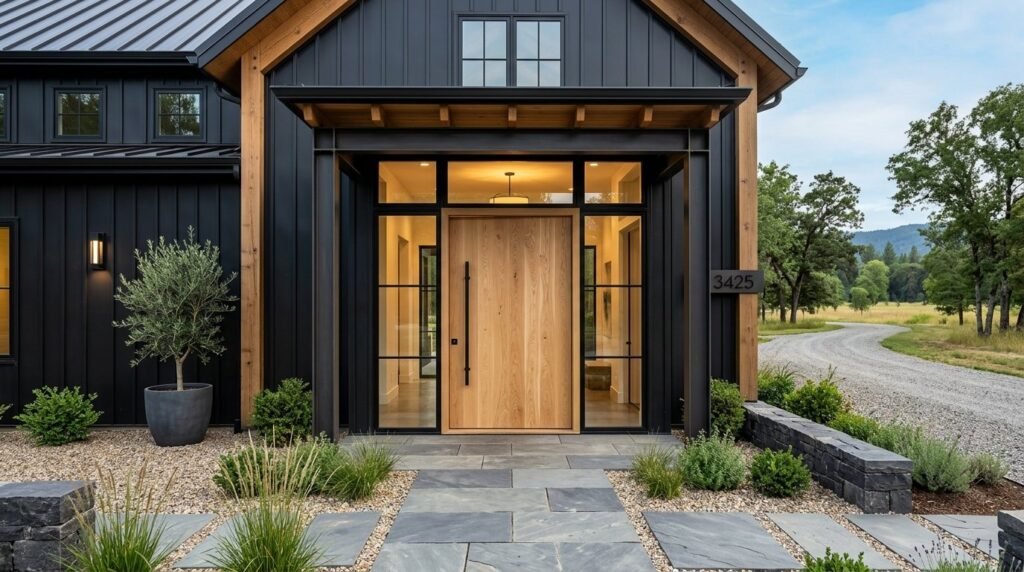 A beautiful modern barndominium front entrance with custom wood doors and industrial lighting.