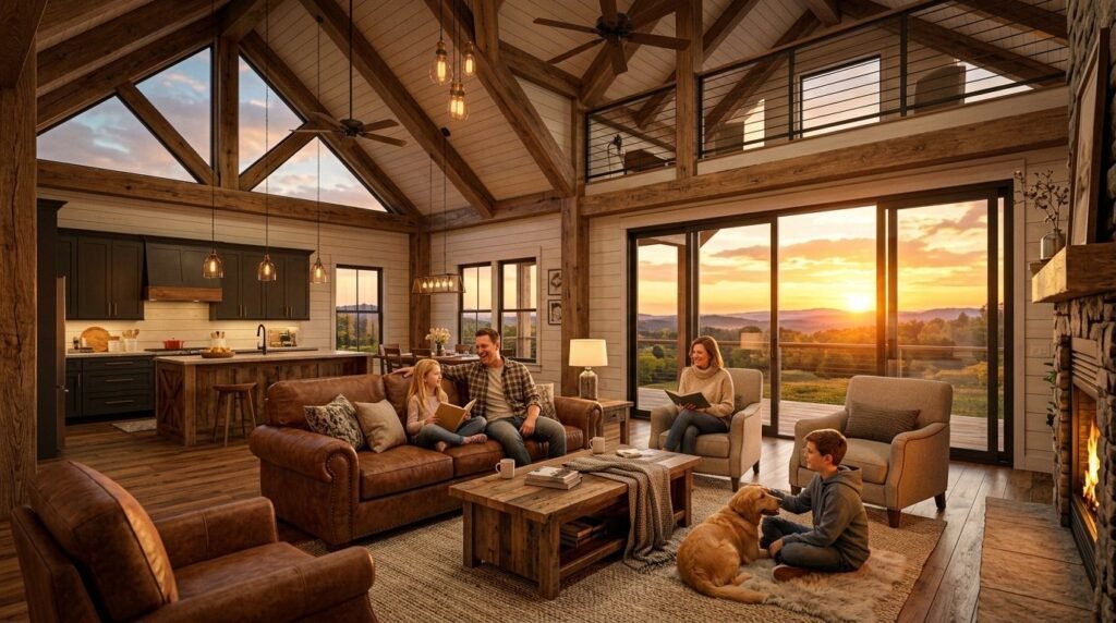 Spacious and modern barndominium interior featuring high ceilings and open living area.