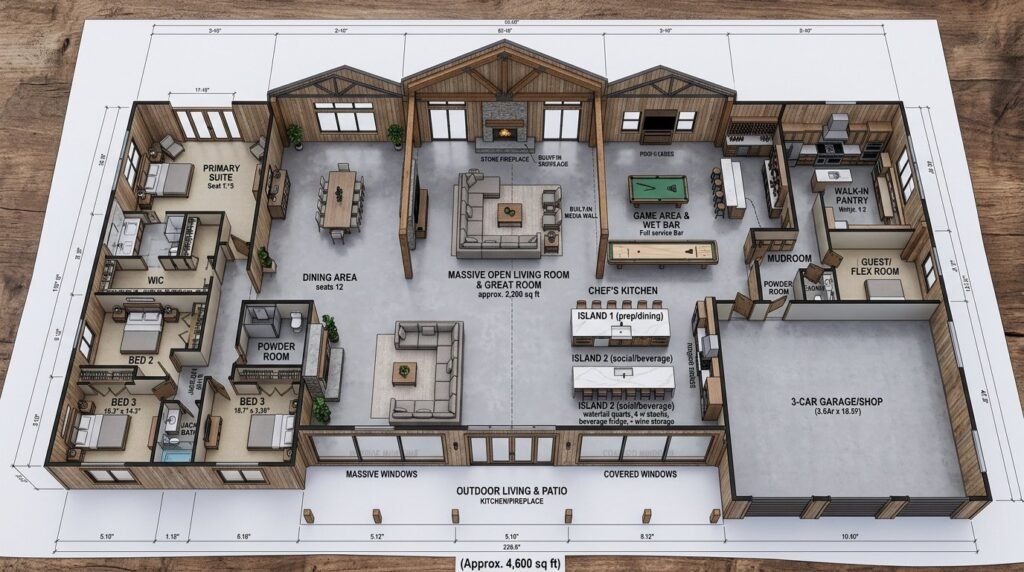 A spacious and open kitchen layout featuring modern cabinetry and rustic barndominium aesthetics.
