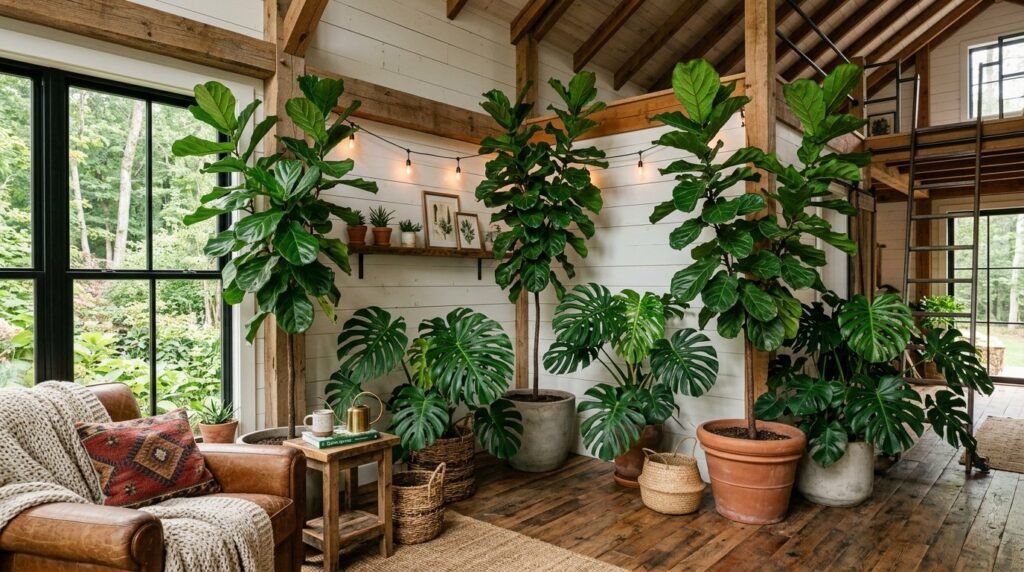 Spacious and modern open concept barndominium interior with high ceilings and rustic industrial decor.