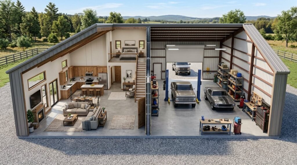 Spacious and modern barndominium living room with high ceilings and natural lighting.