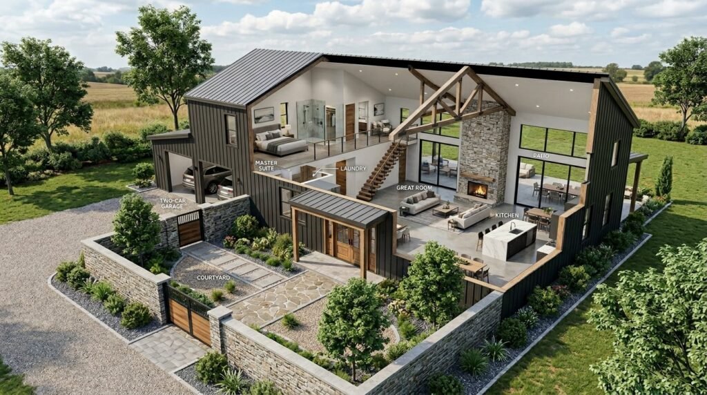 A beautiful modern barndominium building with a landscaped private courtyard and architectural lighting.