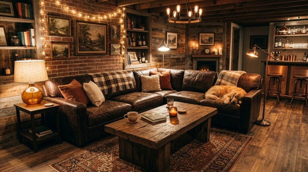 A beautifully designed modern basement lounge area with ambient lighting and comfortable furniture.