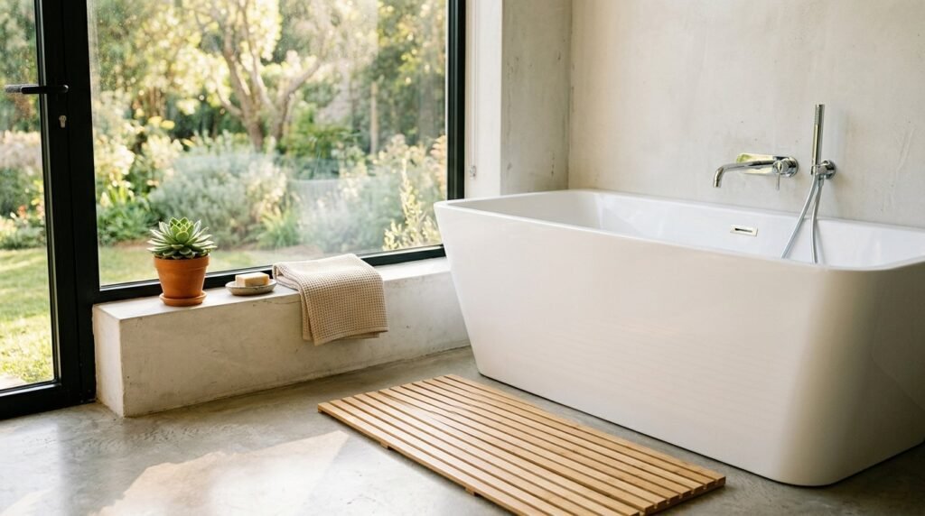 A minimalist modern bathroom corner featuring contemporary fixtures and clean lines.