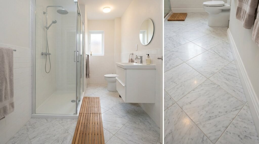 Close up of high-end modern bathroom floor tiles with a sophisticated stone texture finish.