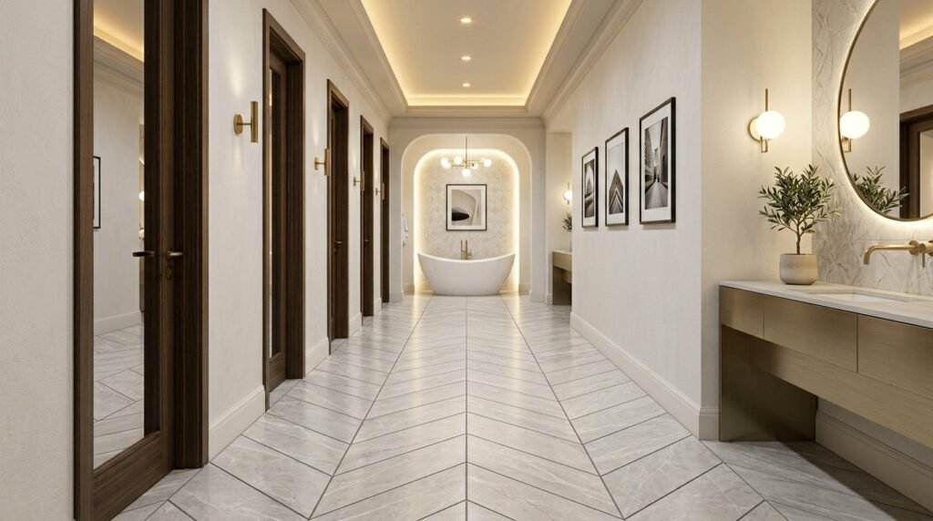 A sleek and modern hallway leading into a minimalist residential bathroom with contemporary finishes.