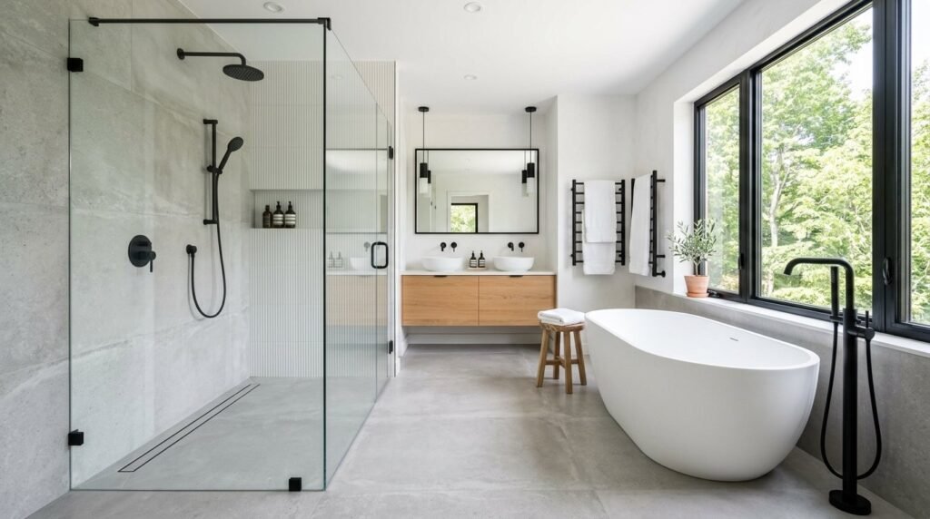 A bright modern bathroom featuring minimalist design elements and clean lines.