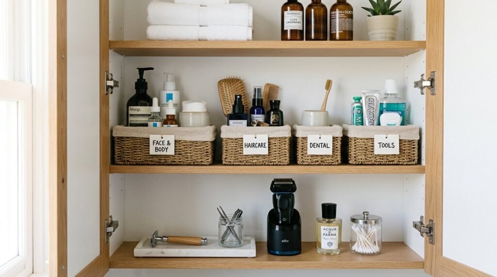 A sleek modern bathroom cabinet featuring high-quality finishes and ample storage space.