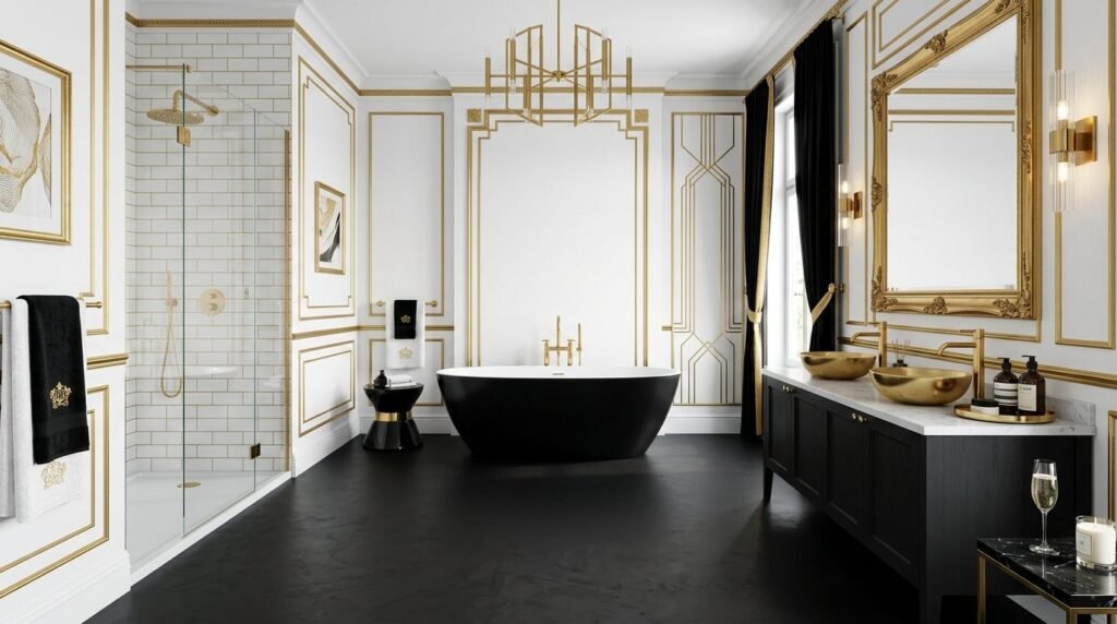 A modern bathroom interior featuring sleek black fixtures and minimalist design elements.