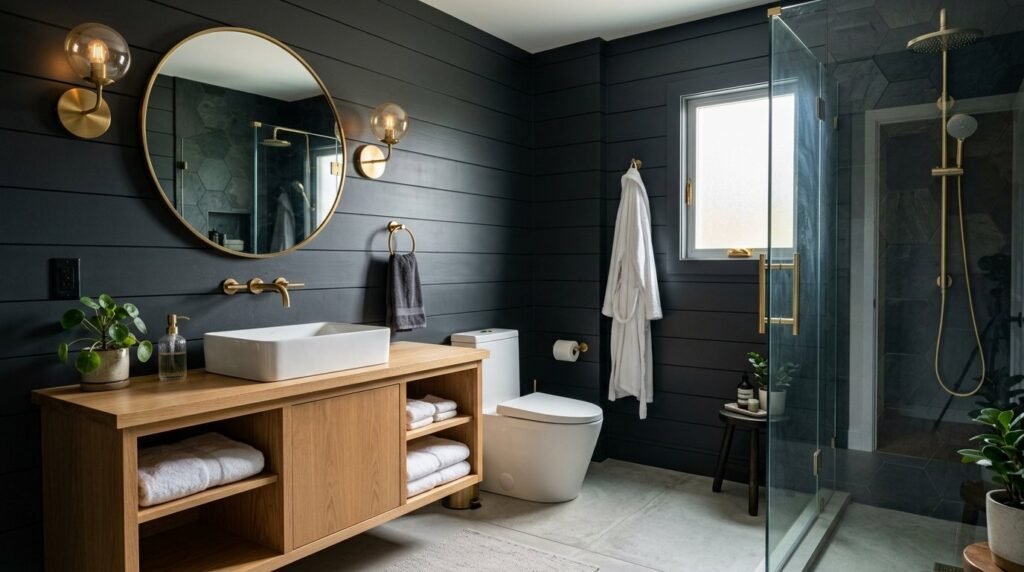 A sleek modern bathroom interior featuring elegant charcoal gray tiles and minimalist design elements.