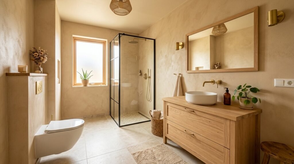 A modern bathroom interior featuring sandy colored walls and minimalist fixtures.