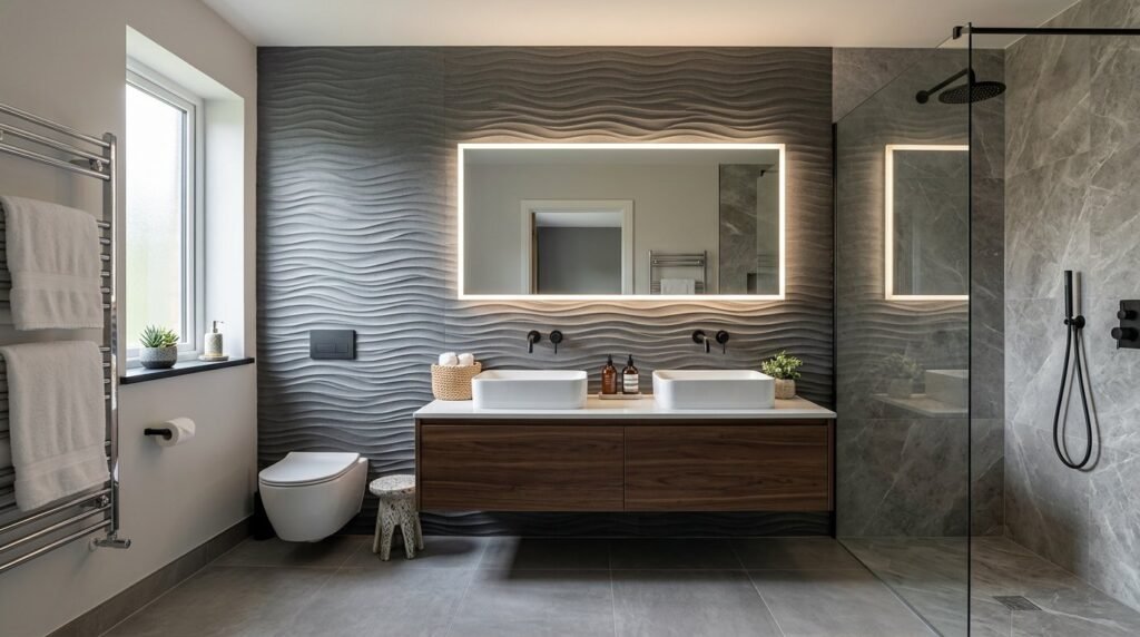 A luxurious modern bathroom interior with a sophisticated wave pattern accent wall.