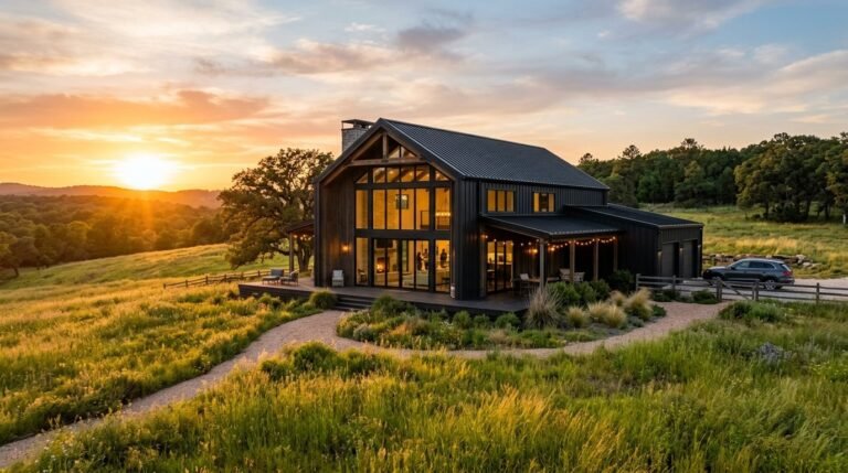 A sleek modern black barndominium featuring contemporary architecture and minimalist design.