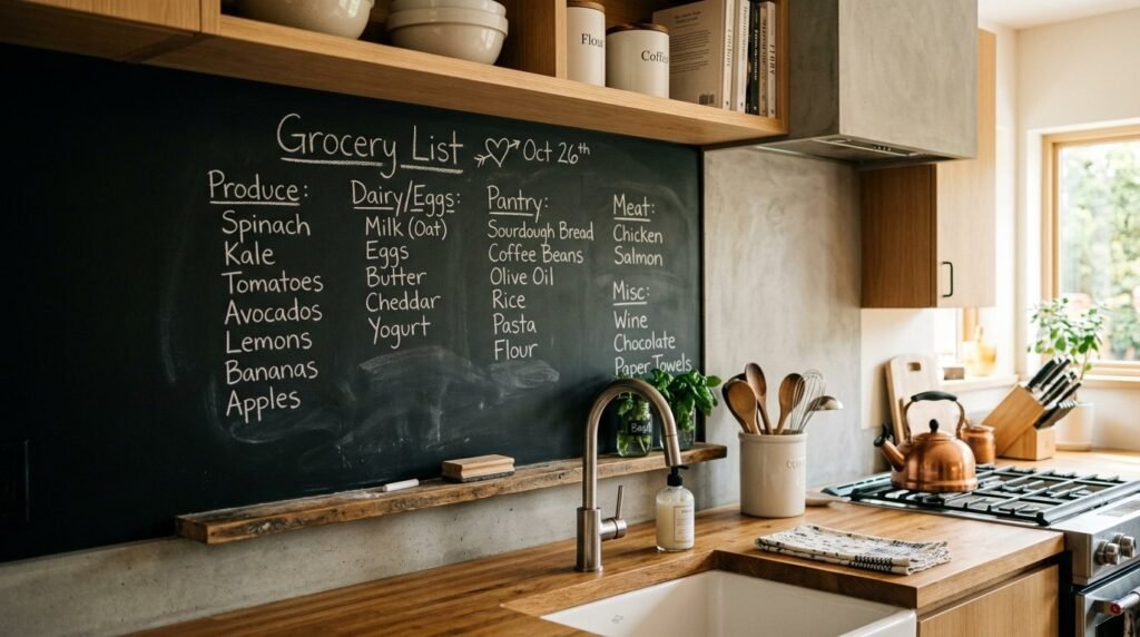 A stylish kitchen interior featuring a functional matte black chalkboard backsplash with writing.