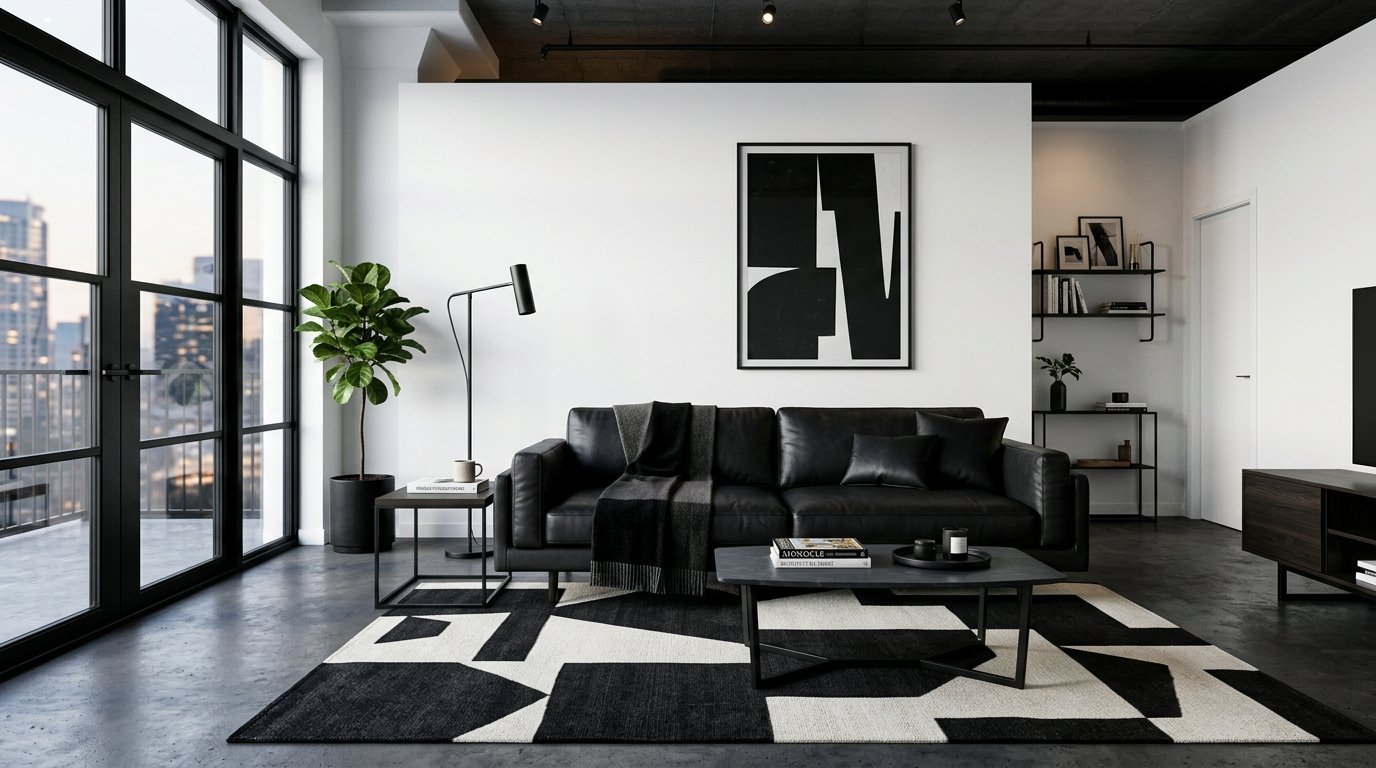 Modern interior with a black leather sofa, abstract wall art, and a patterned black and white area rug.