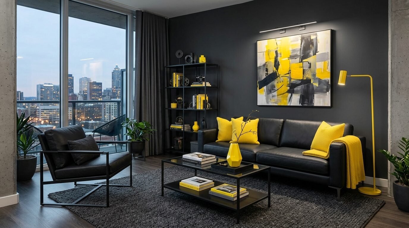 A modern apartment lounge with a black leather sofa, yellow cushions, and abstract wall art overlooking a city skyline.