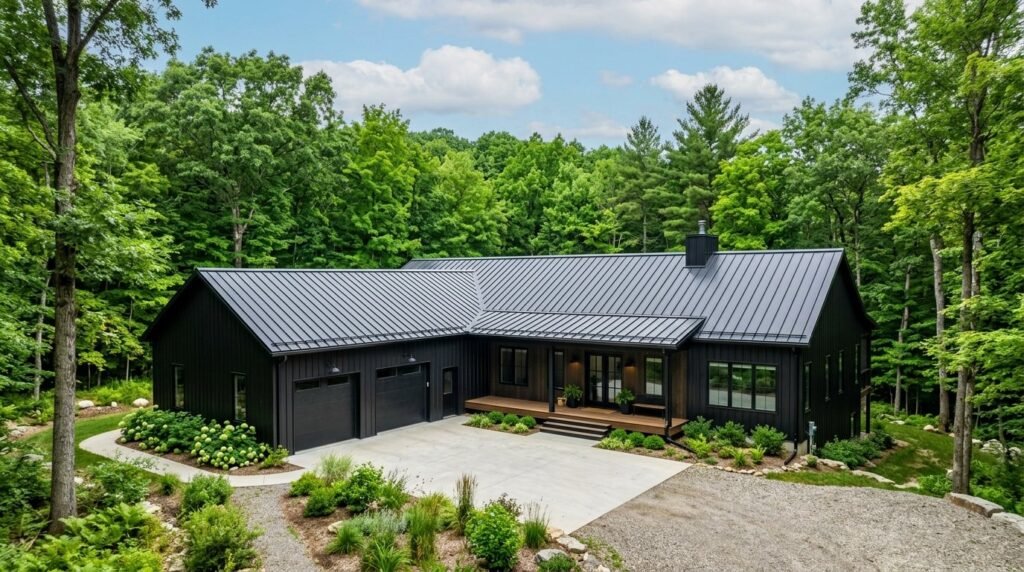 Contemporary black metal barndominium featuring sleek architectural lines and modern siding.