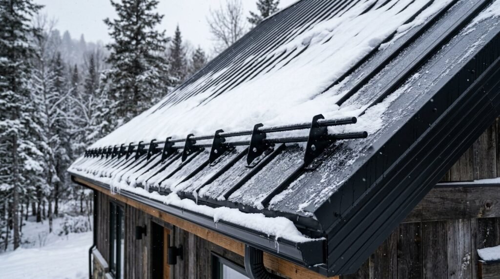 A sleek modern black metal roof installation on a residential property exterior.