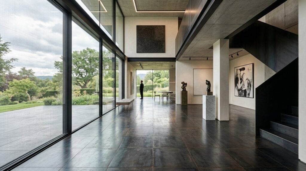 Modern architectural home with a sleek blackened timber exterior and contemporary minimalist design.