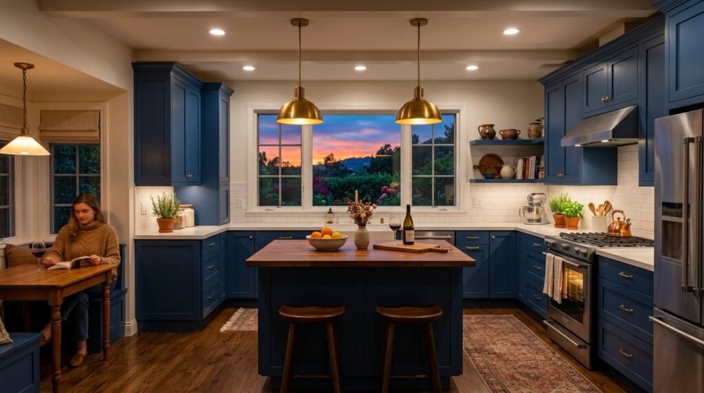 A beautifully designed modern kitchen featuring deep blue cabinetry and high-end finishes.