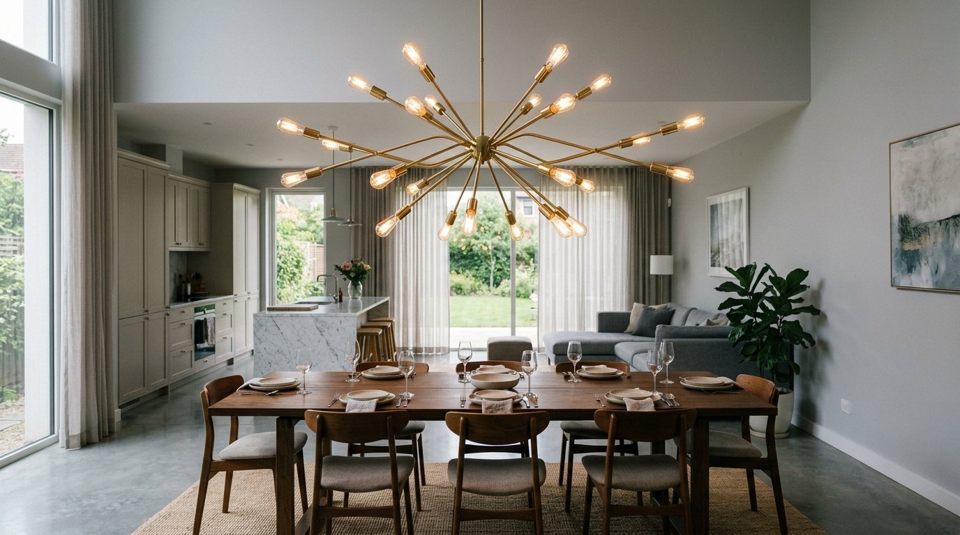 A multi-armed gold starburst light fixture suspended in an open plan dining and kitchen area.