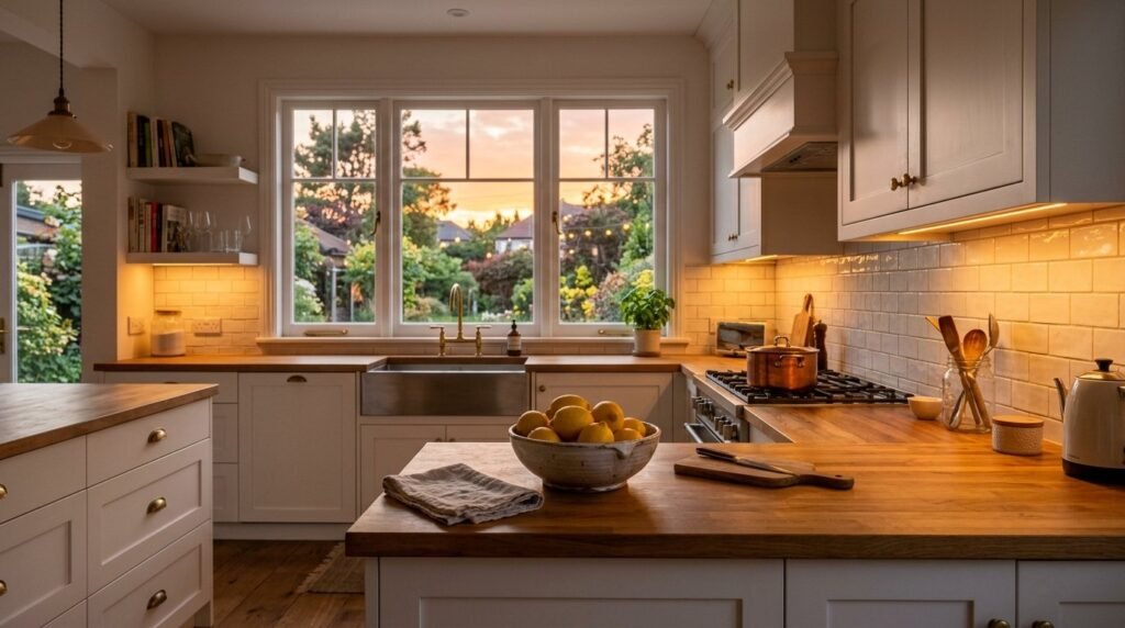 A clean and bright modern kitchen with crisp white cabinetry and marble countertops.