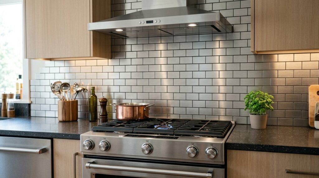 Close up view of reflective brushed stainless steel square wall tiles with a seamless metallic finish.