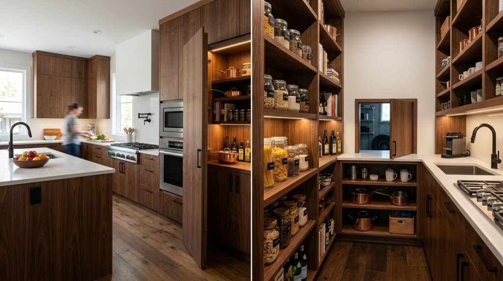 A beautifully organized custom butler pantry with shelving and premium finishes.