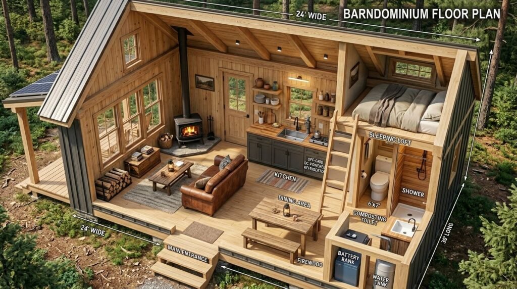 Spacious interior of a modern cabin style barndominium featuring an open concept floor plan design.