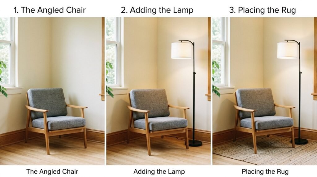 A stylish accent chair paired with a sleek angled floor lamp in a contemporary living space.