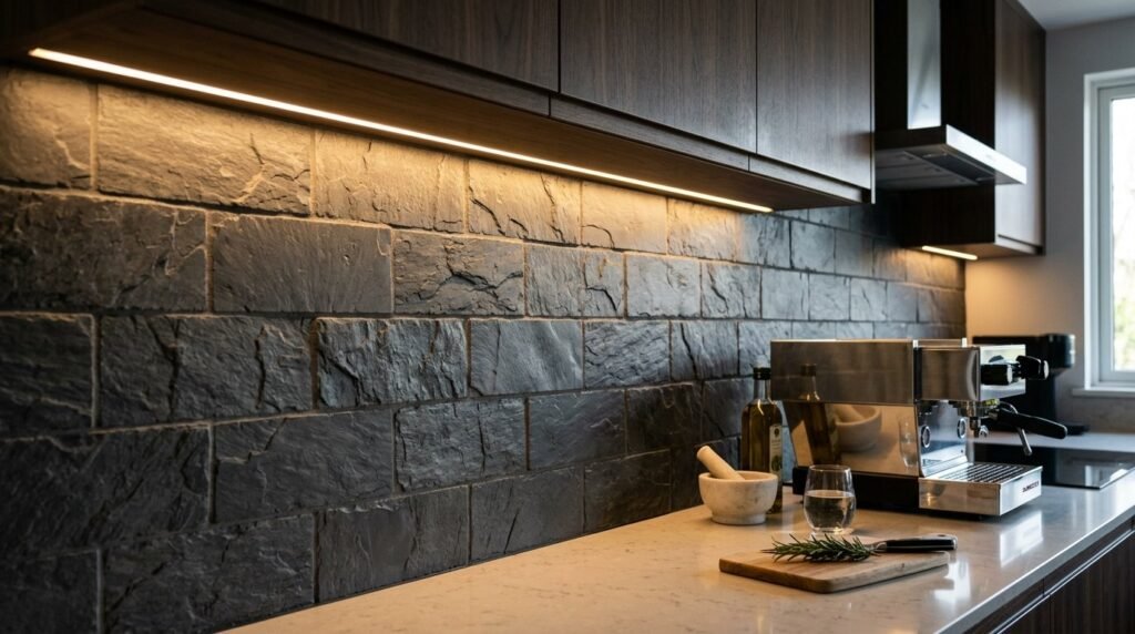 Close up view of elegant charcoal gray ceramic floor tiles with matte finish