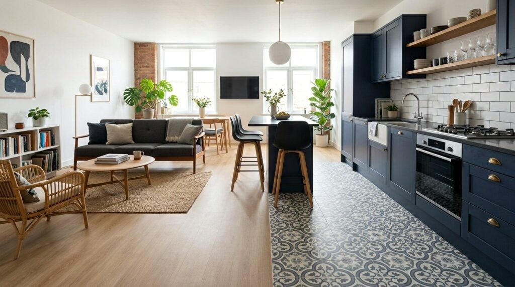 A sleek, modern kitchen interior inside a compact studio apartment.