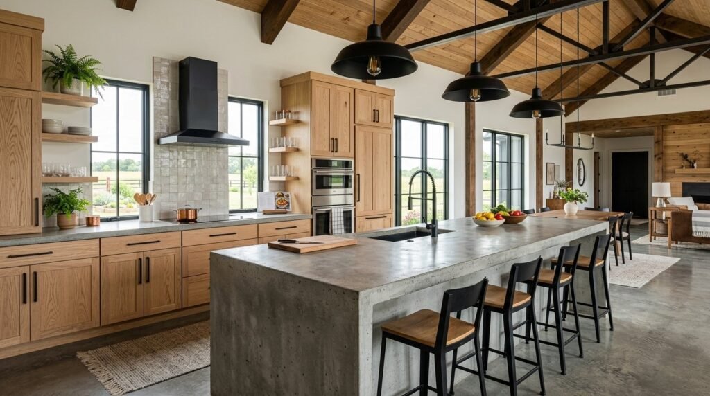 A stylish modern kitchen featuring sleek concrete countertops and minimalist interior design.