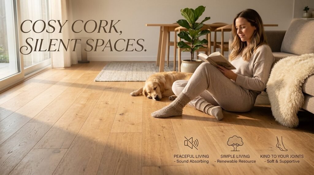 Top-down view of modern cork planks laid out on a clean interior floor.