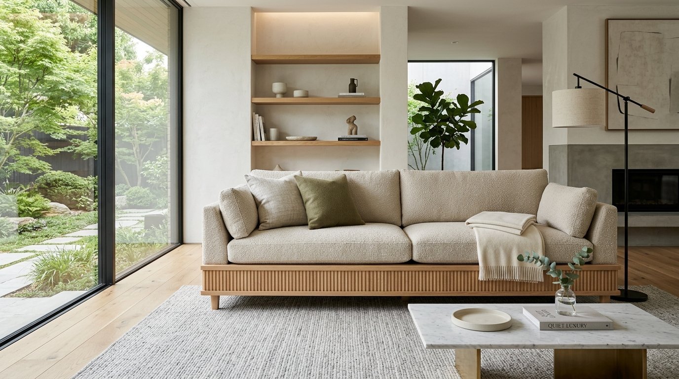A beige textured sofa with wooden trim sits on a rug in front of floor-to-ceiling windows overlooking a green garden.
