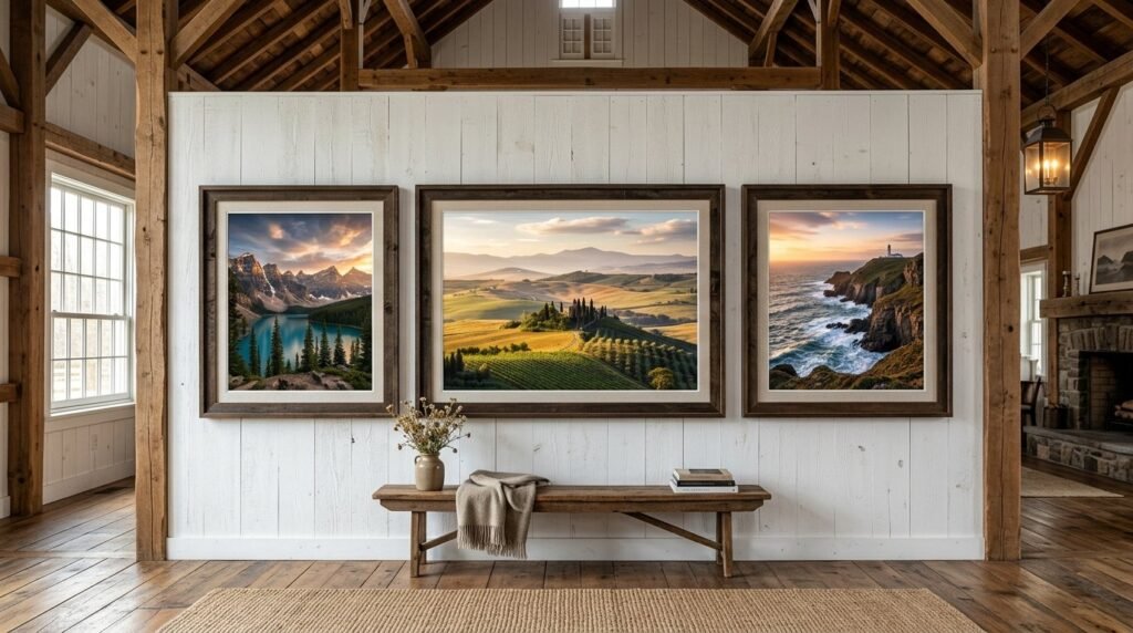 A beautifully arranged gallery wall featuring a mix of framed art and photographs in a bright modern home.